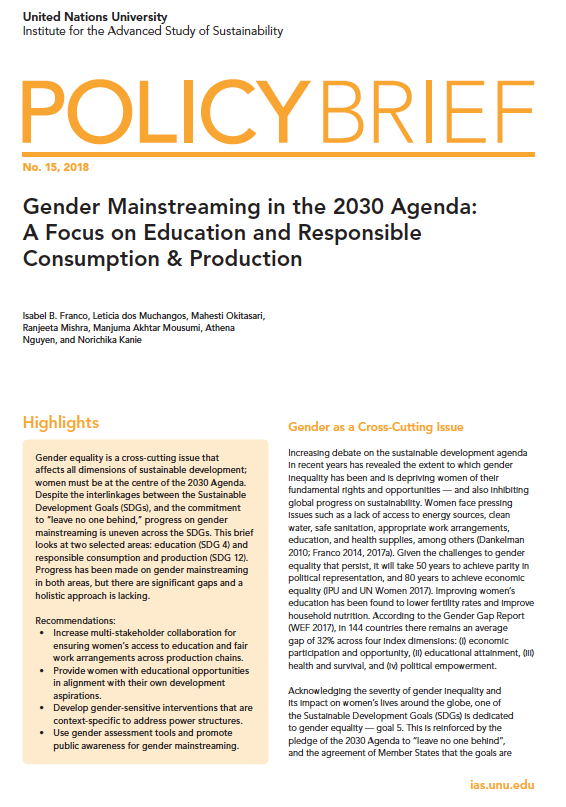 Unu Ias Policy Brief On Gender Mainstreaming In The 30 Agenda Institute For The Advanced Study Of Sustainability