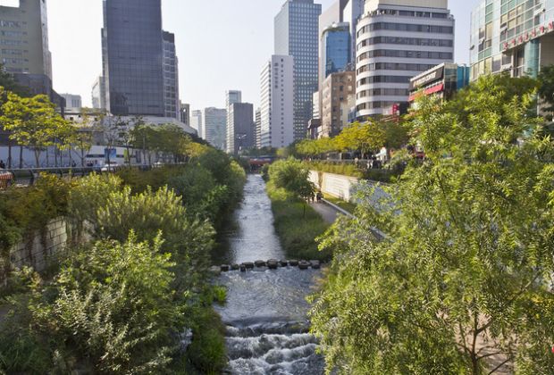 After the Korean War, the Cheonggyecheon Stream, which was functioning as an open sewer, was covered by pavement and forgotten. A $384 million recovery project daylighted the stream corridor as an urban natural amenity. Photo: Kaizer Rangwala.